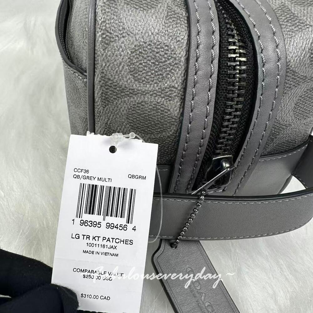 Coach Men's Large Travel Kit In Signature Canvas With Patches In Grey CCF36 NWT - Picture 4 of 7
